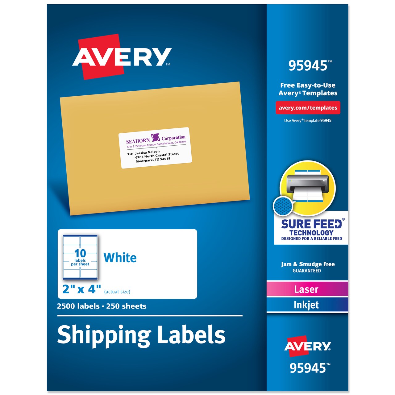 Avery Printable Shipping Labels with Sure Feed, 2" x 4" Customizable Stickers, White, 2,500 Blank Mailing Labels, Great for Mailing, Shipping, and More (95945)